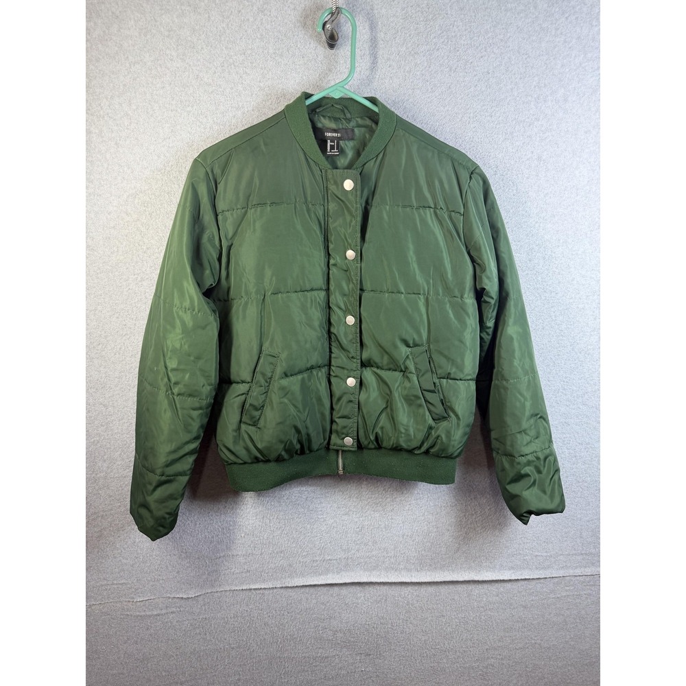 Forever 21 Jacket Womens Small Green Quilted Bomber Full Zip Pockets Insulated